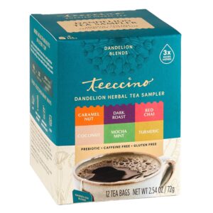 Teeccino dandelion herbal tea sampler box with six flavors, including caramel nut, dark roast, and red chai