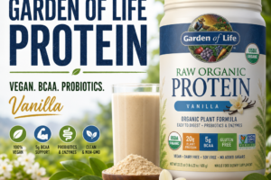 Garden of Life Raw Organic Vanilla Protein powder tub with probiotic and BCAA callouts, vegan and gluten-free.