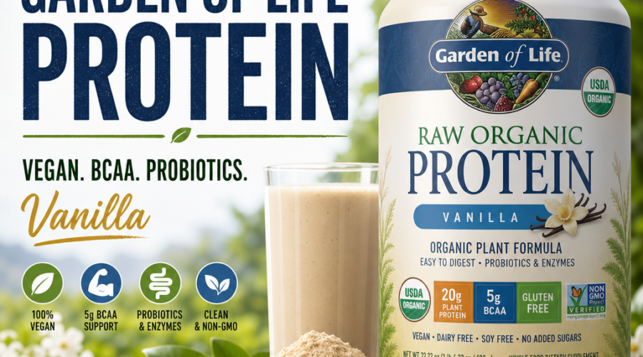 Garden of Life Raw Organic Vanilla Protein powder tub with probiotic and BCAA callouts, vegan and gluten-free.