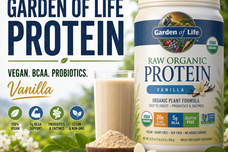 Garden of Life Raw Organic Vanilla Protein powder tub with probiotic and BCAA callouts, vegan and gluten-free.