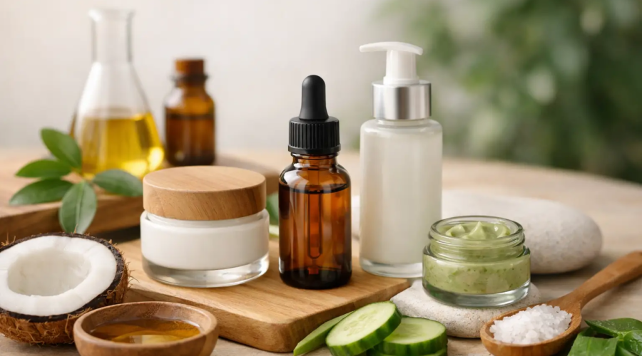 Natural skincare products with coconut, cucumber, and essential oils on a wooden surface