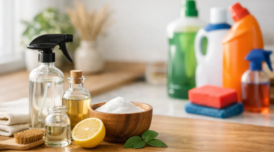 Natural cleaning supplies with lemon and baking soda on a wooden countertop to reduce household toxins