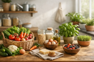 Fresh organic vegetables, herbs, and pantry staples arranged on a rustic kitchen countertop