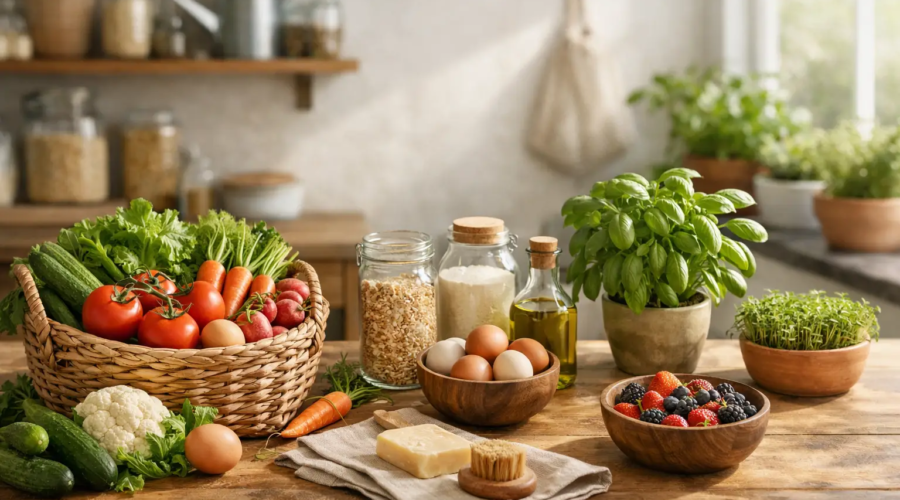 Fresh organic vegetables, herbs, and pantry staples arranged on a rustic kitchen countertop