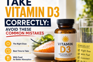 Vitamin D3 supplement bottle with tips on dosage, timing, food pairing, and common mistakes to avoid