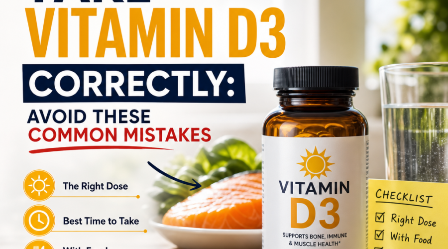 Vitamin D3 supplement bottle with tips on dosage, timing, food pairing, and common mistakes to avoid