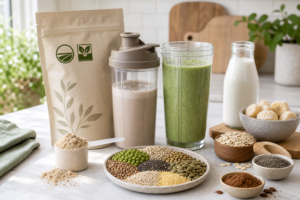 Plant-based smoothie ingredients with protein powder, oats, seeds, bananas, milk, and two prepared smoothies