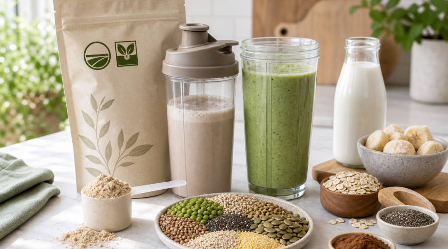 Plant-based smoothie ingredients with protein powder, oats, seeds, bananas, milk, and two prepared smoothies