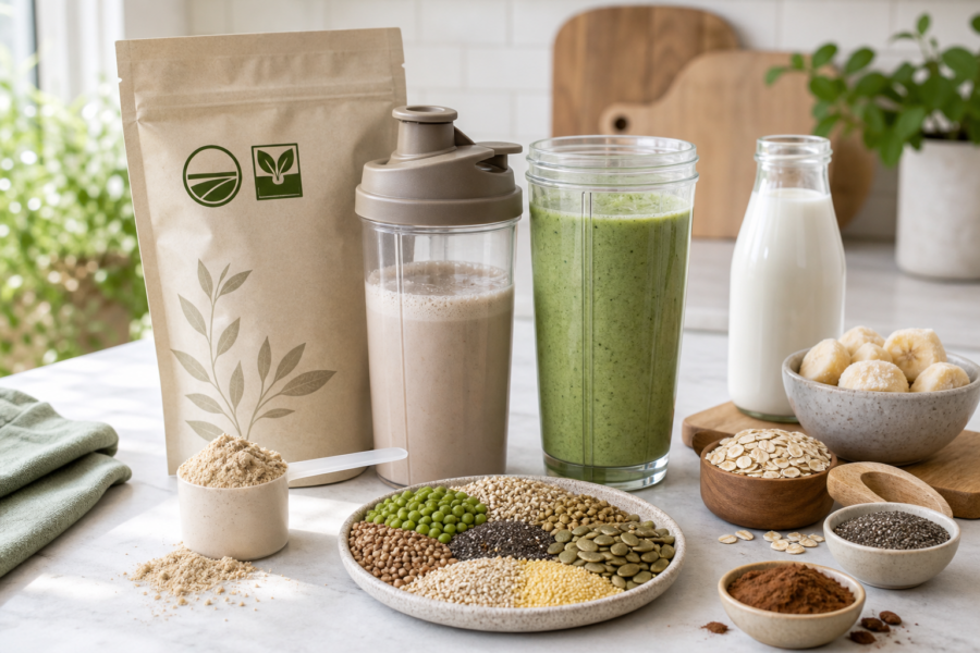 Plant-based smoothie ingredients with protein powder, oats, seeds, bananas, milk, and two prepared smoothies